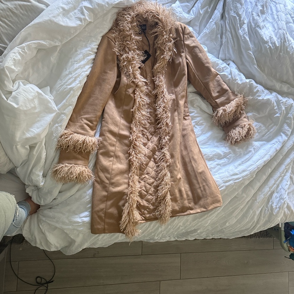 Tan Faux Fur Trim Penny Lane Vintage 60s 70s Inspired Coat Halloween